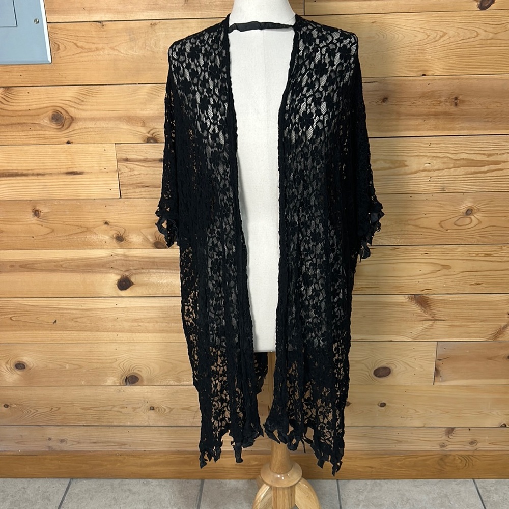 LAST CALL boutique brand black lace ribbon cover up wrap poncho NEW L XL OSFM